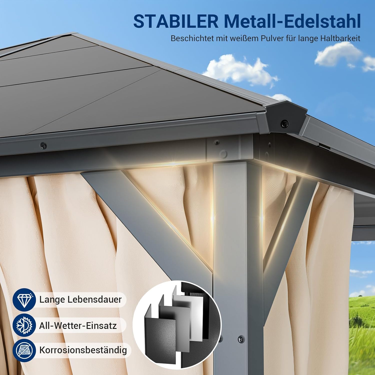 UDPATIO - tonnelle de jardin série imperméable 3x4m, toit UV, rideaux, stabilisée, Champagne