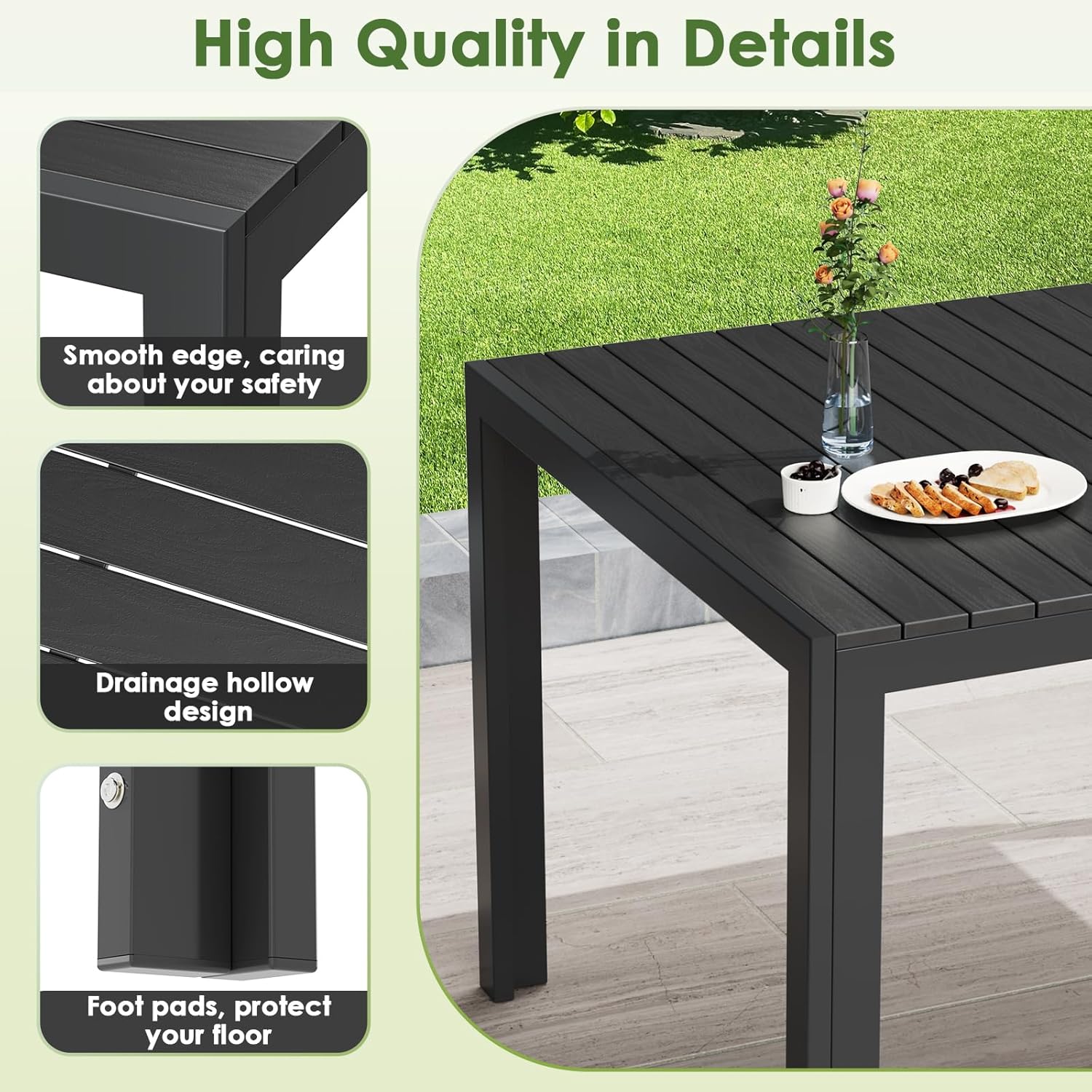 LIFERUN - Table jardin alu 140x90x75 cm WPC, 6 pers, noire