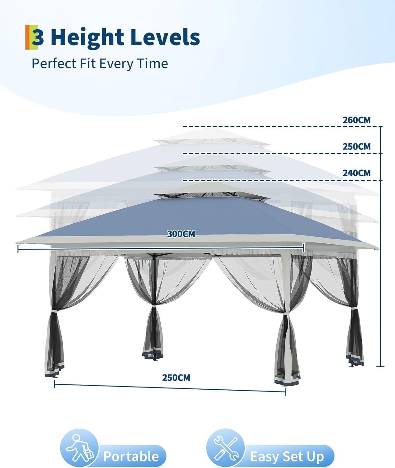 Garvee - Tonnelle pliante série One-Push - 3x3m - anti-moustiques, imperméable, hauteur réglable, UV, bleu marine