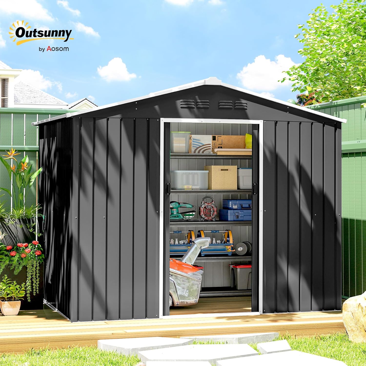 Outsunny Abri de Jardin extérieur 3,6 m², 236 x 171 x 191 cm, abri de Jardin métallique avec Portes coulissantes et Fentes d'aération, pour Le Rangement d'outils, Gris foncé