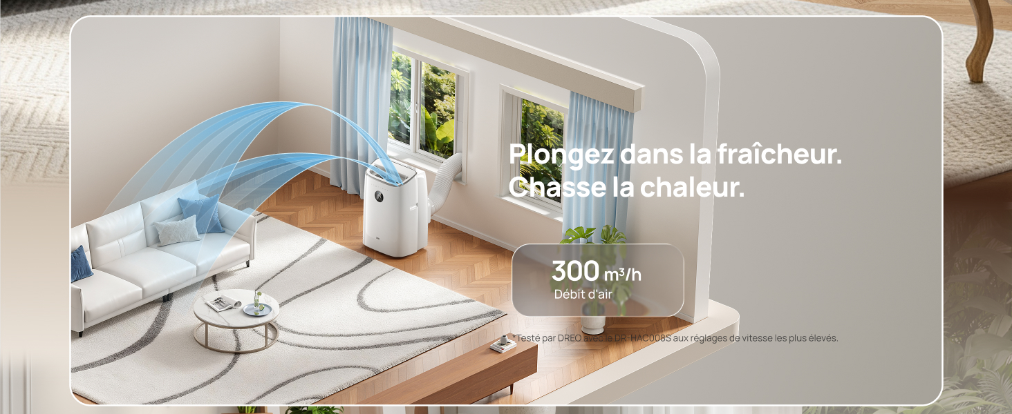 Le texte indique « Rendre dans la fraicheur du sac à la chaise » et « 300 ml/m ». Aménagement intérieur avec chaise blanche et flacon de produit, démontrant le stockage ou l'application d'un article d'une capacité de 300 ml pour la fraîcheur de la chaise.