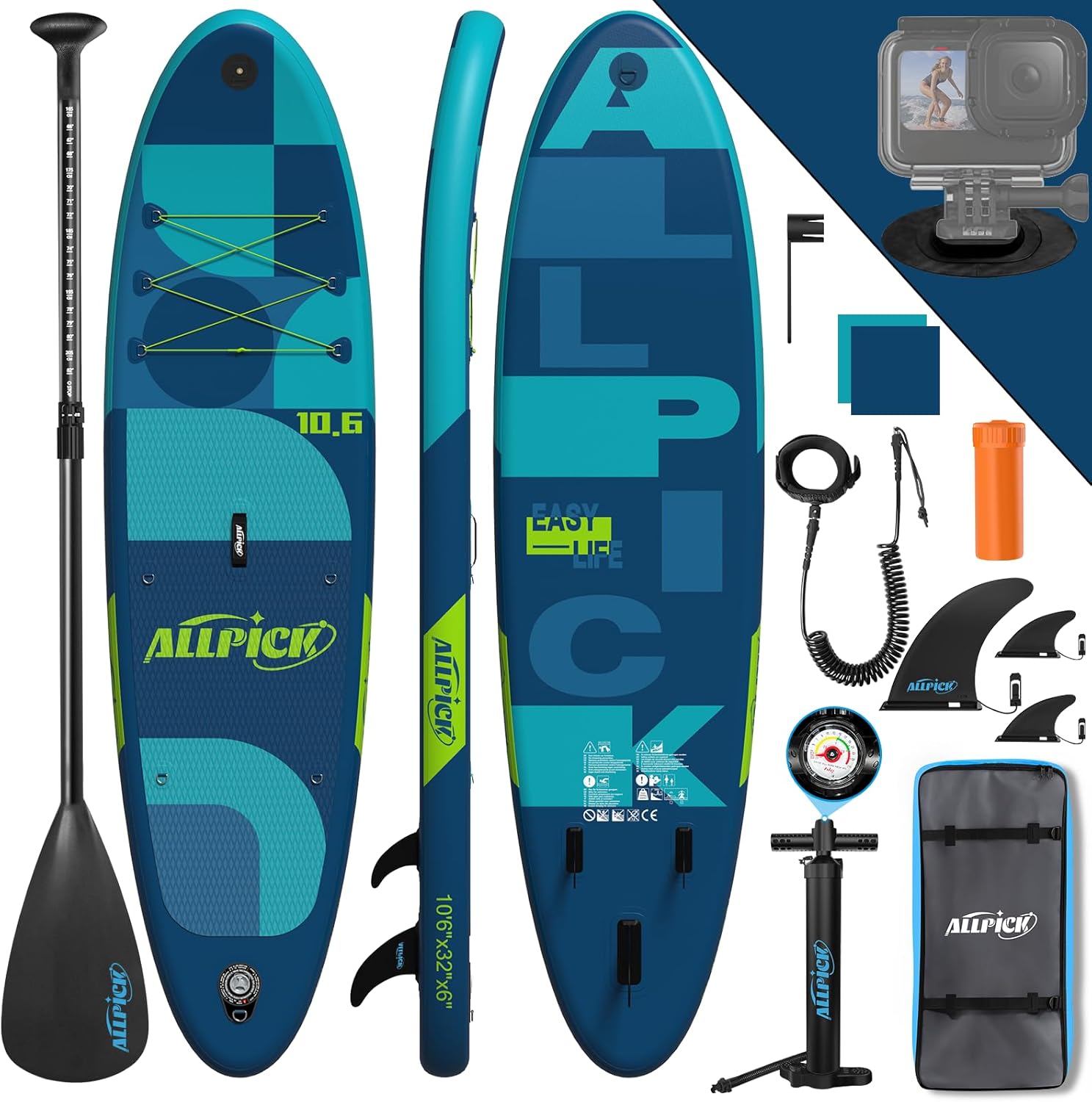 ALLPICK Paddle Gonflable, Kit de Padelsurf de Stand Up Paddle Sup Gonflable de 320 cm, avec Support Universel pour Caméra, Pagaie réglable, Débutants et confirmés, 200 kg