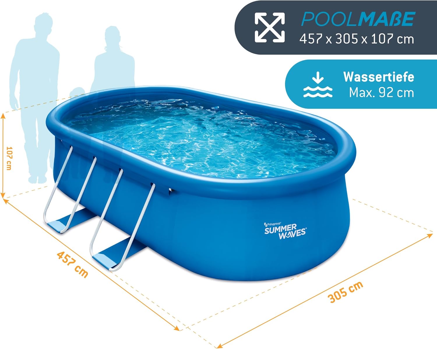 Summer Waves Quick Up Kit complet de piscine - Ovale - 457 x 305 x 107 cm - Bleu - Piscine hors-sol et piscine avec pompe à filtre, échelle, tapis de sol et bâche