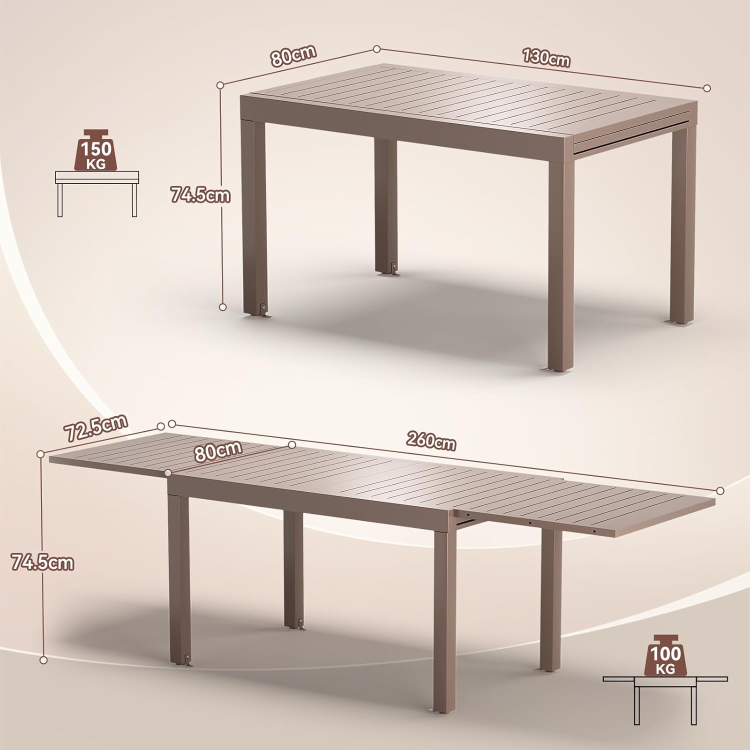 JUMMICO - table extensible - 260x80cm - aluminium, 6-10 pers., résistante intempéries