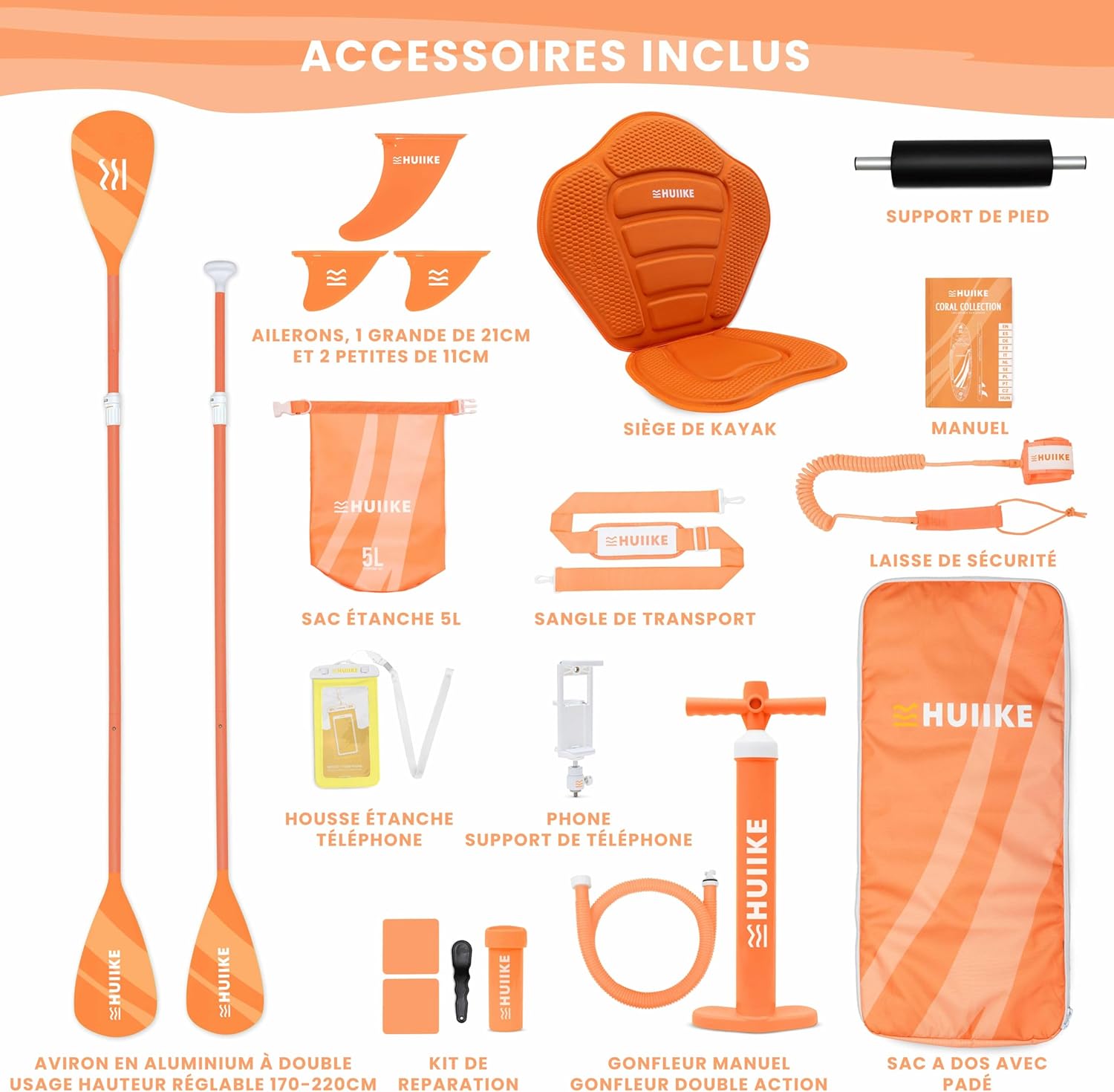 HUIIKE - Paddle gonflable adulte - 305x84x15 cm - grande stabilité, accessoires inclus
