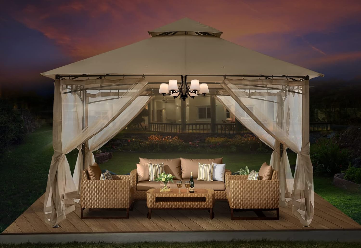 ABCCANOPY - Pavillon terrasse série double toit - 3,35x3,35m - Filet ombrage, résistant pluie, coloris kaki