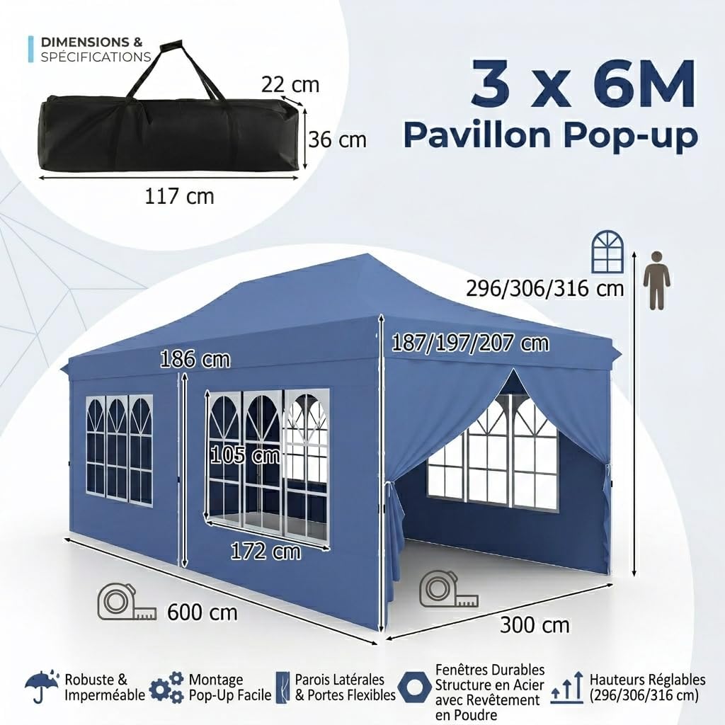 GOPLUS - tonnelle pliante - 3x6m - imperméable, sac de transport, 6 bâches