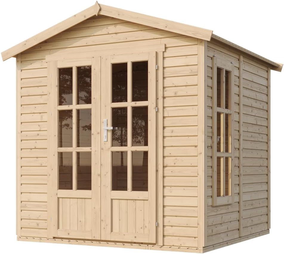 TIMBELA M351FB Cabane en Bois avec Plancher et Bardeaux Bitumineux Marron, L233xP222xH233 cm – Abri Multifonctionnel, Bureau, Atelier, Studio Jardin