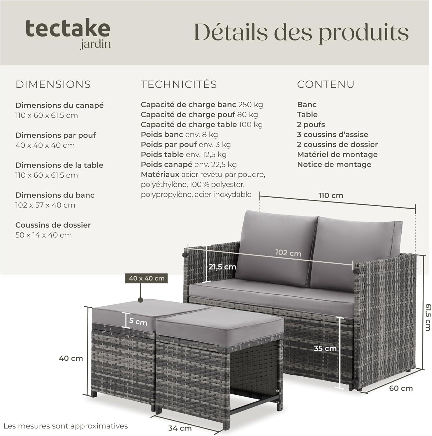 tectake - Salon de jardin 2en1 modulable 4 places - encastrable