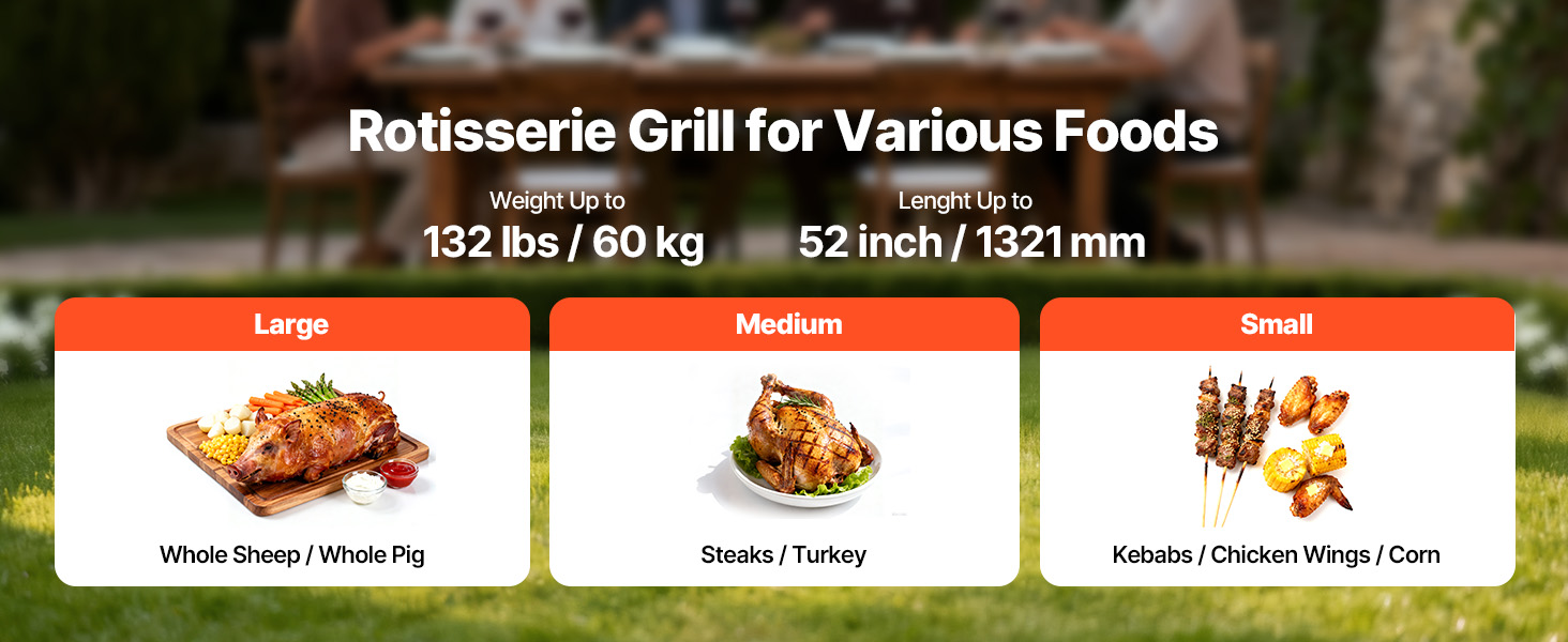 Le texte indique « Grill de rôtisserie pour divers aliments », « 132 livres/60 kg », « 52 pouces/132 cm ». Image à trois panneaux montrant les options de cuisson à la rôtisserie avec de la volaille et des viandes entières.