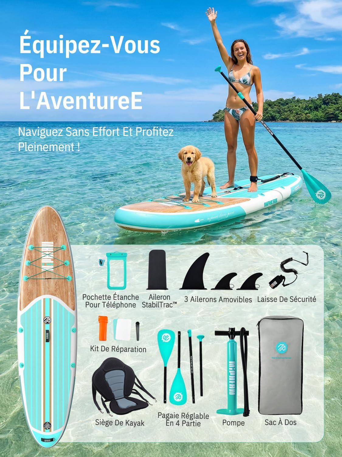 Niphean - paddle gonflable 320cm - 2 personnes, capacité 200kg, siège inclus