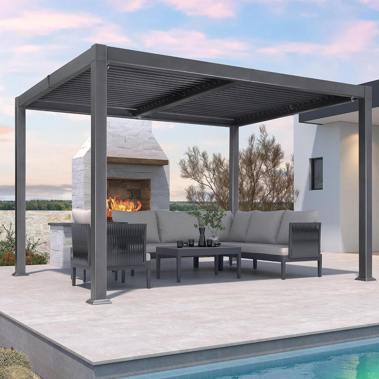 PURPLE LEAF - pergola bioclimatique - 3x3,65m - aluminium, lames orientables, gris