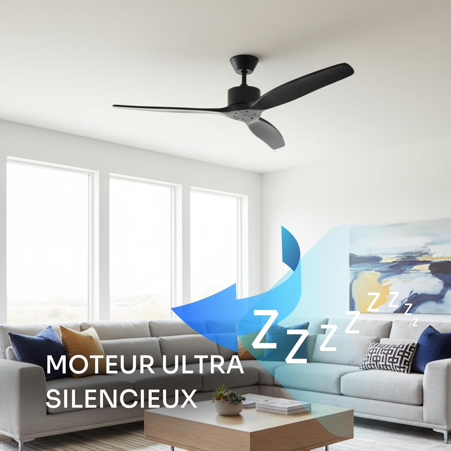 Mellerware - Ventilateur de plafond avec télécommande Brizy! 45W | Puissant | Ultra silencieux | 3 lames | Diamètre 132cm | 6 vitesses | Refroidissement + LED intégrée | Noir