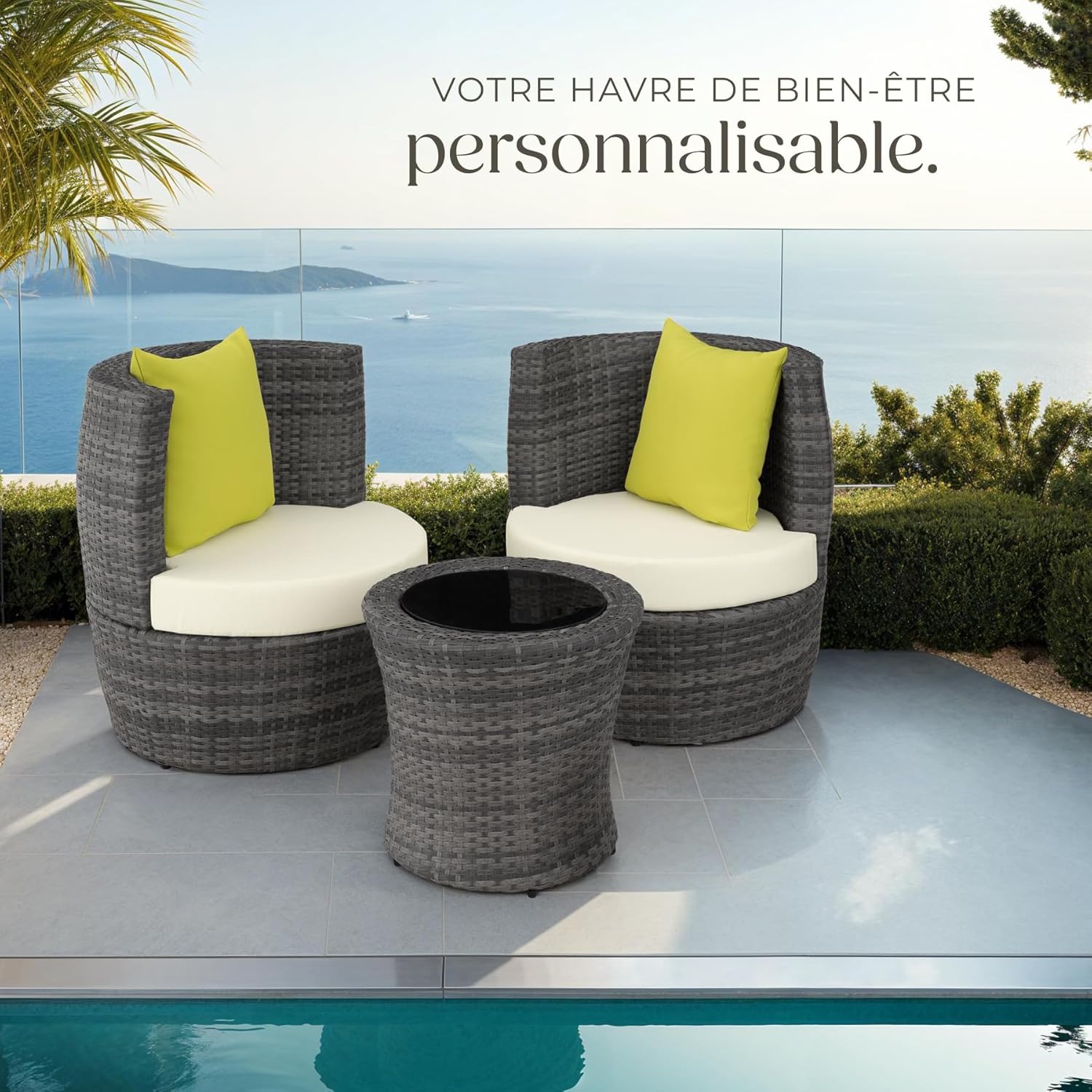 tectake - Salon de jardin encastrable 2 places - Aluminium, polyrotin, coussins et pot de fleur - Idéal balcon terrasse