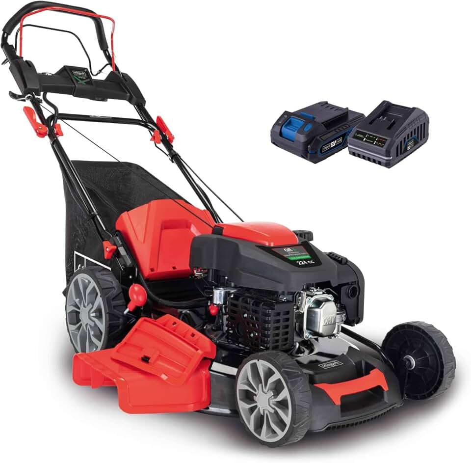 Scheppach Tondeuse à Gazon Hybride MS225-56E – Tondeuse à Essence – Moteur à Essence 4 Temps de 6 CV / 4,4 KW – 224 cm³ – Largeur de Coupe 56 cm – Démarrage électrique – Batterie + Chargeur Inclus