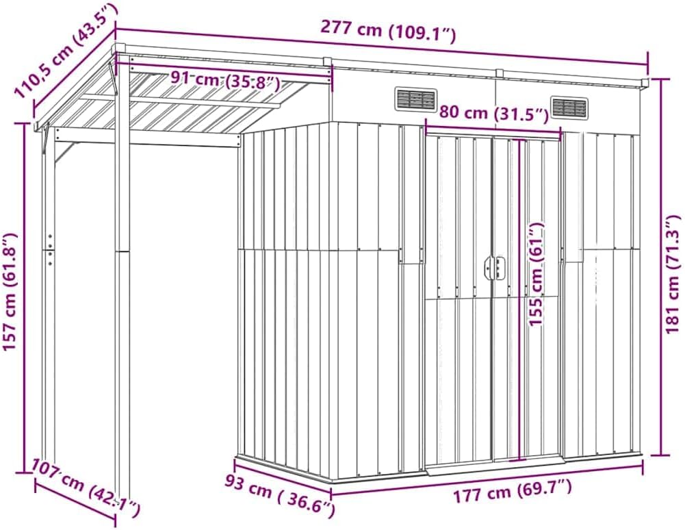 vidaXL Abri de Jardin avec Toit Prolongé, Cabane à Outils avec Poignées, Remise à Outils, Abri de Rangement Terrasse, Marron Clair 277x107x181 cm Acier