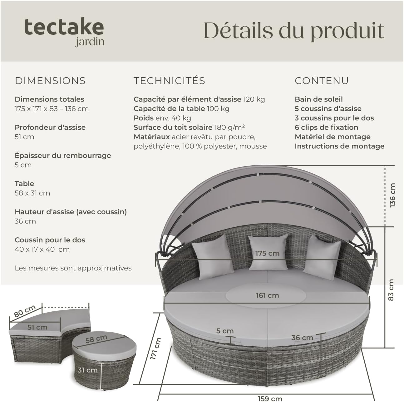 tectake - salon modulable résine tressée, pare-soleil, coussins, 200x70 cm