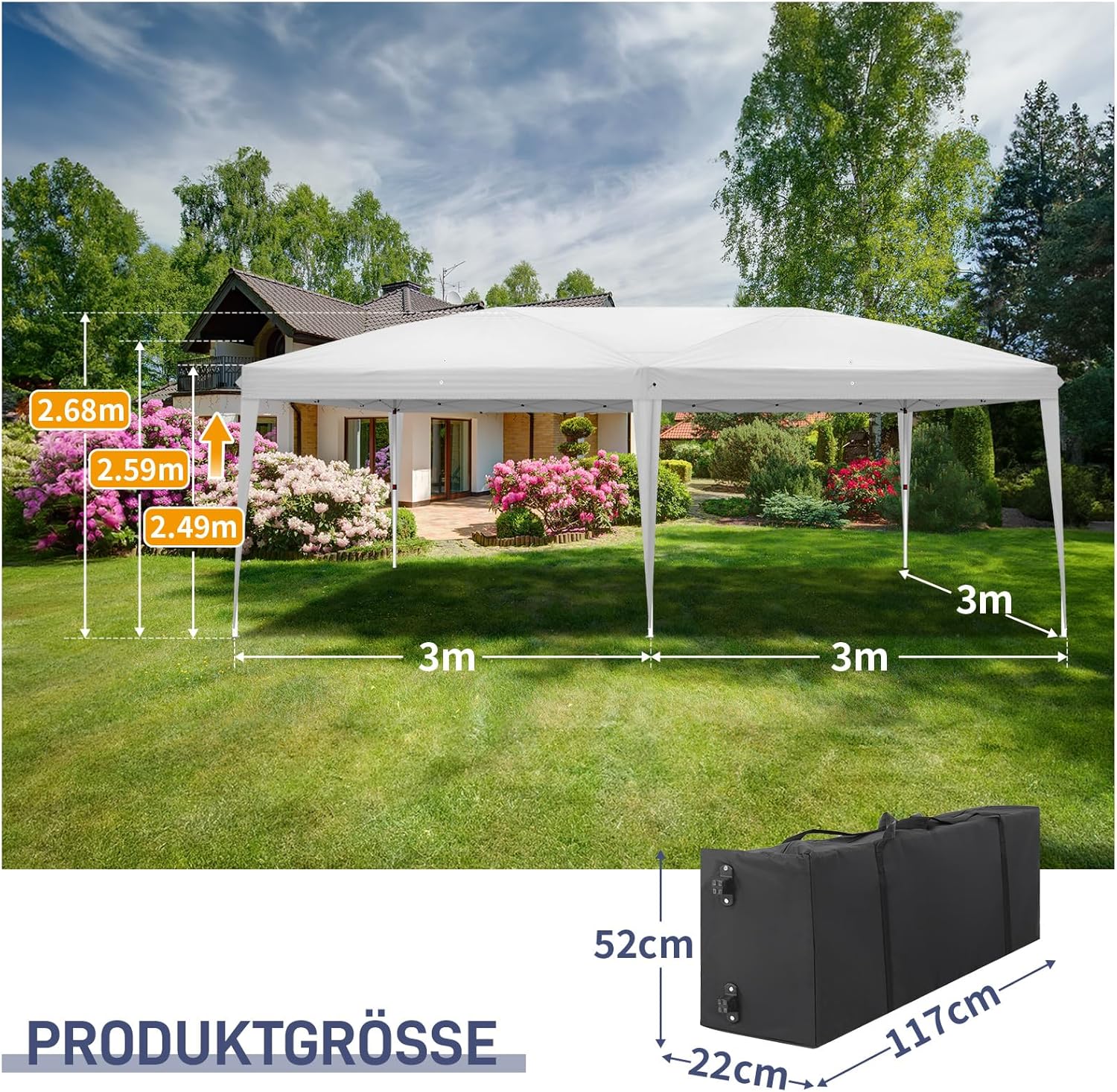 Leadzm - Tonnelle pliante 3x6m - acier, 6 côtés, UV 50+, blanc