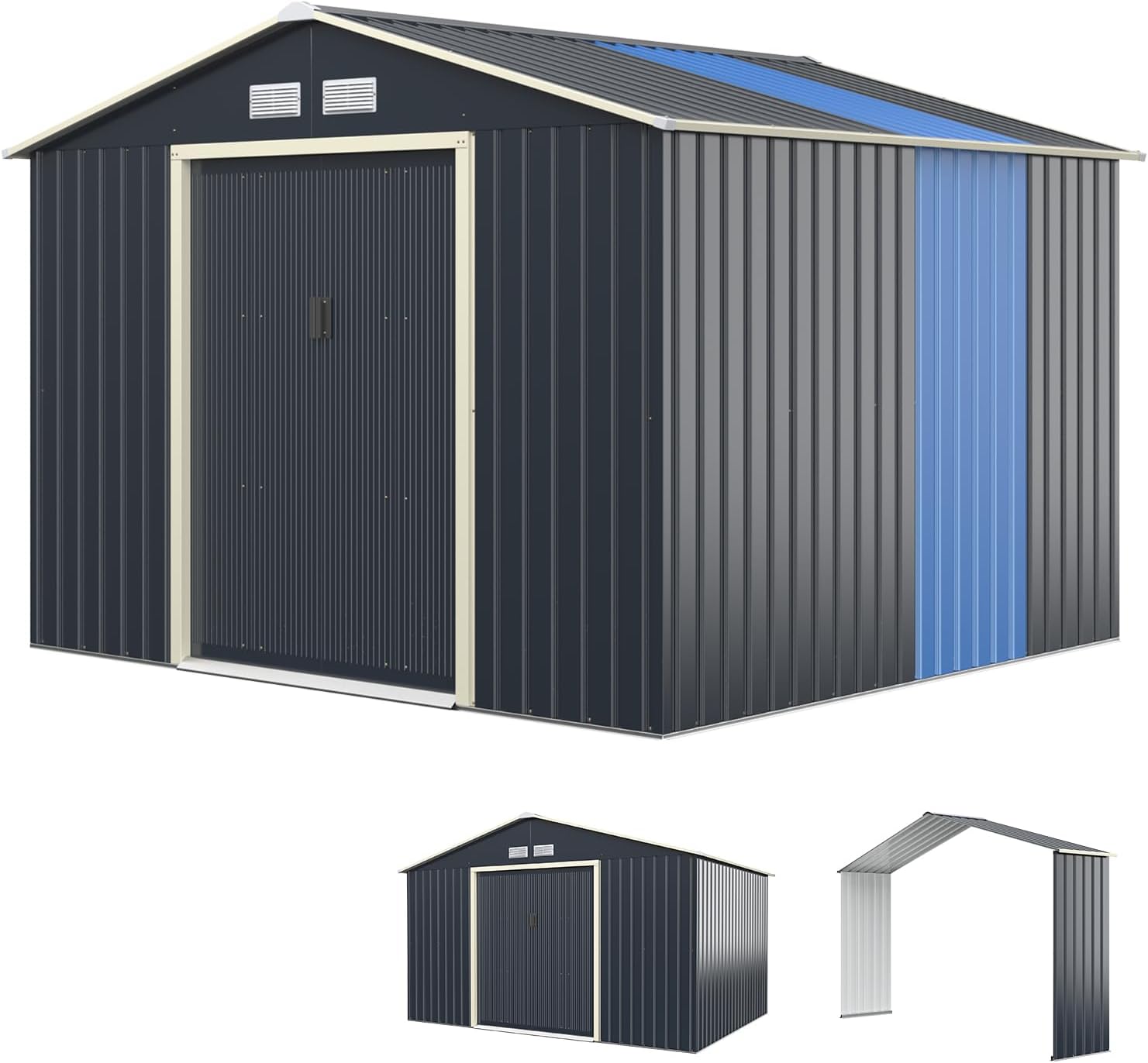 COSTWAY Abri de Jardin Métal 10㎡ 2 Portes Coulissantes Verrouillables, 4 Trous d’Aération, Toit Penché, Cabane Jardin Exterieur Gris pour Vélo, Poubelle, 340 x 319 x 210 cm