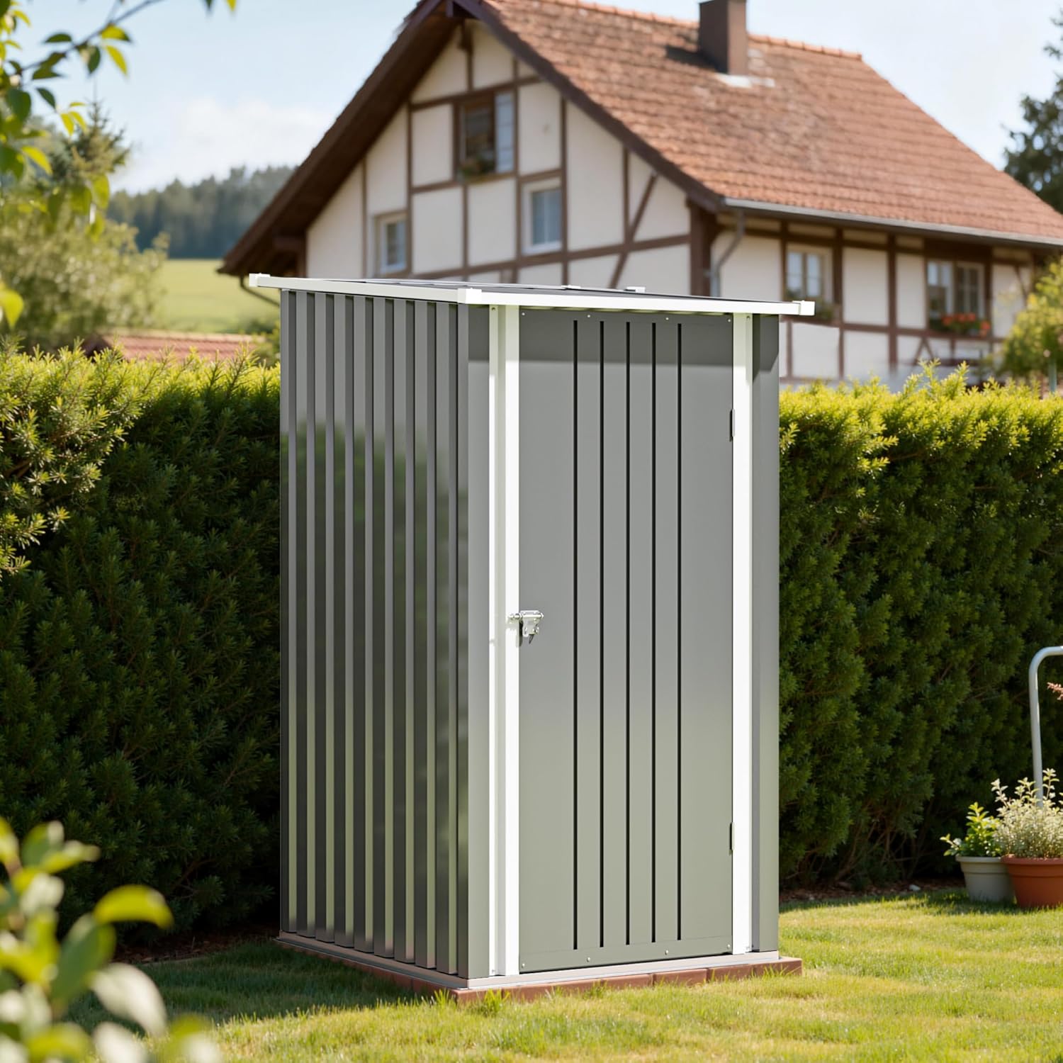 Devoko Abri de jardin en métal 96x98x160 cm, abris de jardin avec toit en appentis, robuste et inoxydable, gants de travail inclus, porte pivotante verrouillable, petit abri de jardin en acier pour