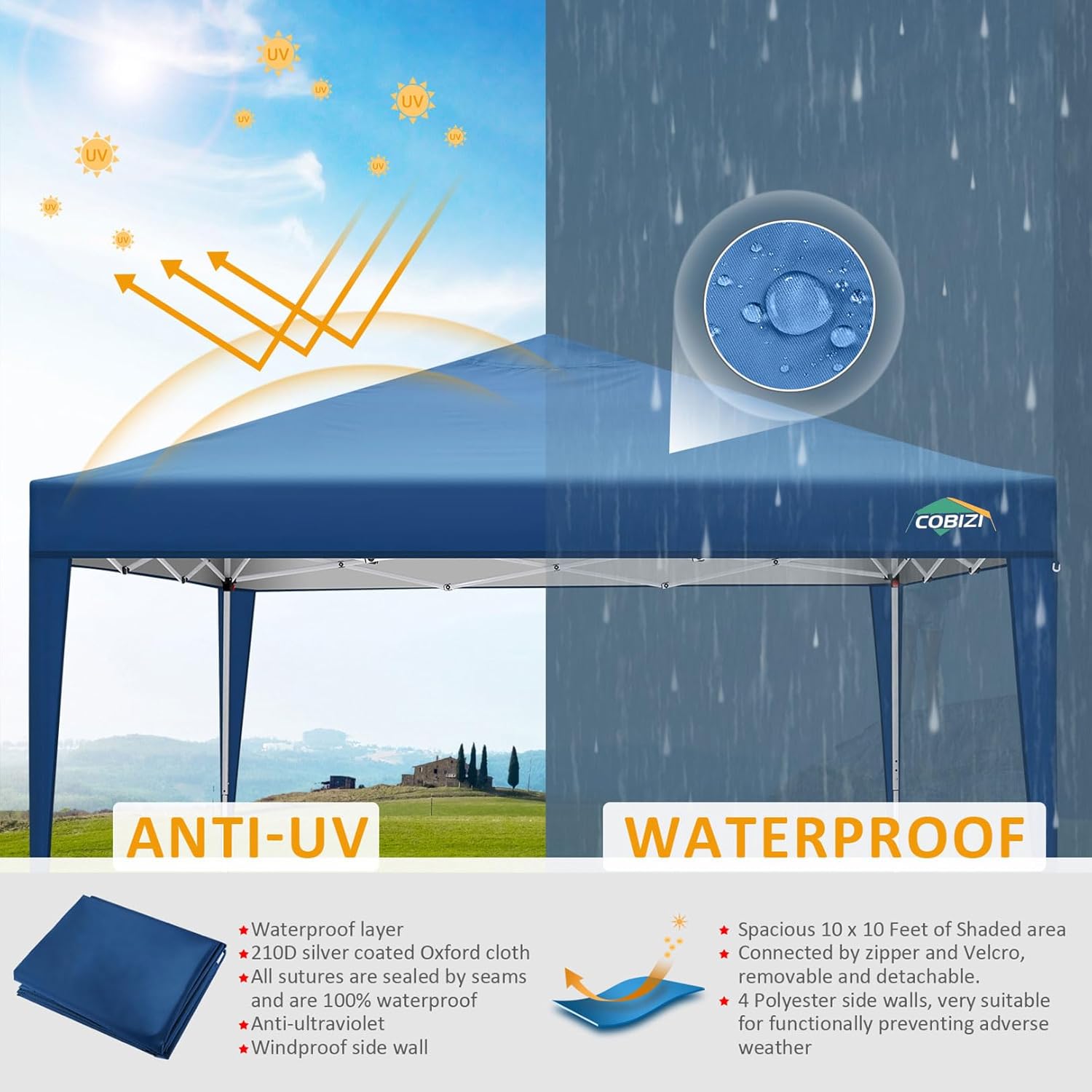 COBIZI - tonnelle pliante 3x3m, imperméable, anti-UV, 4 côtés amovibles