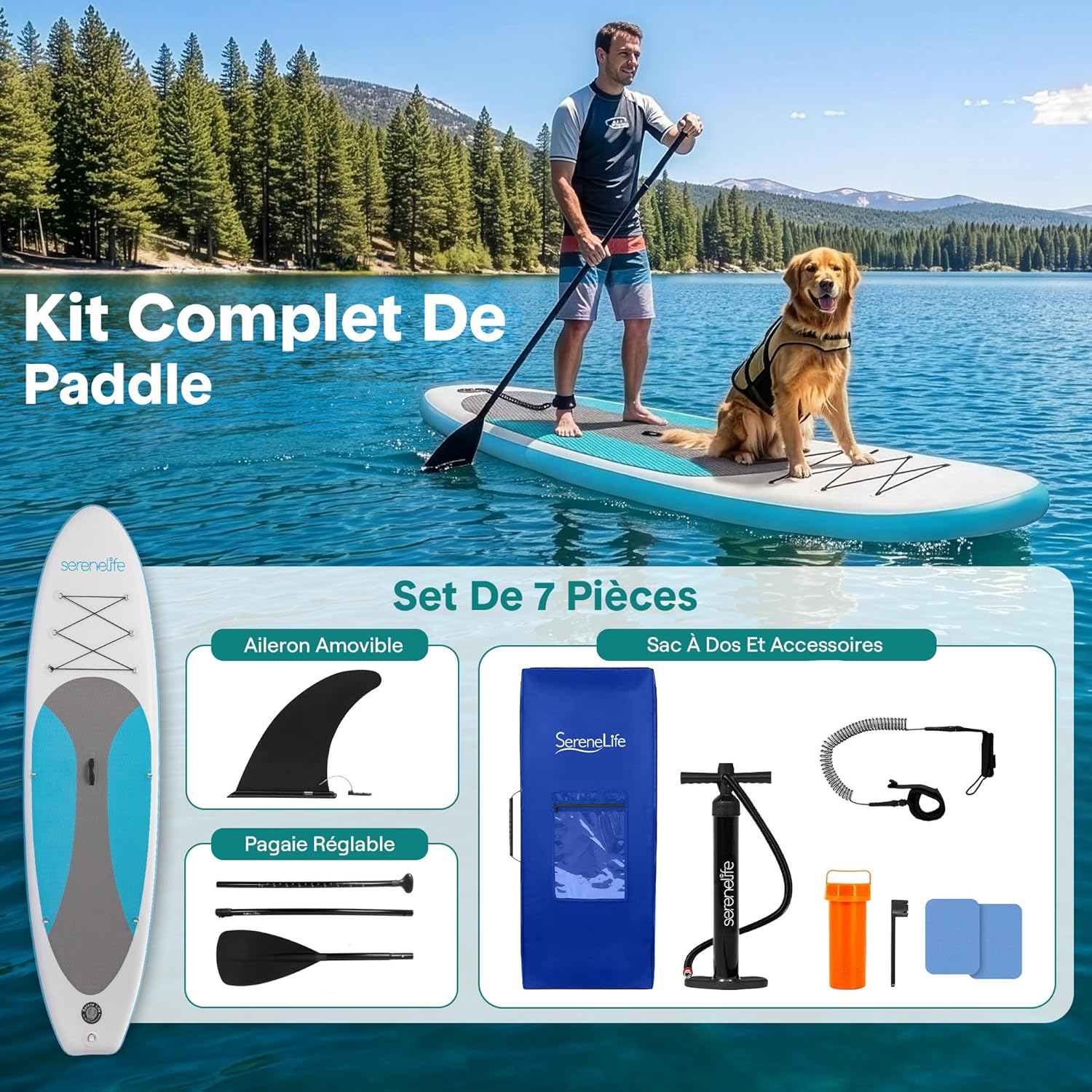 SereneLife Stand Up Paddle Gonflable Adulte 6” – Planche de Paddle avec Accessoires Sup, Sac de Transport, Pont Antidérapant, pour Mer, Lac, Rivière