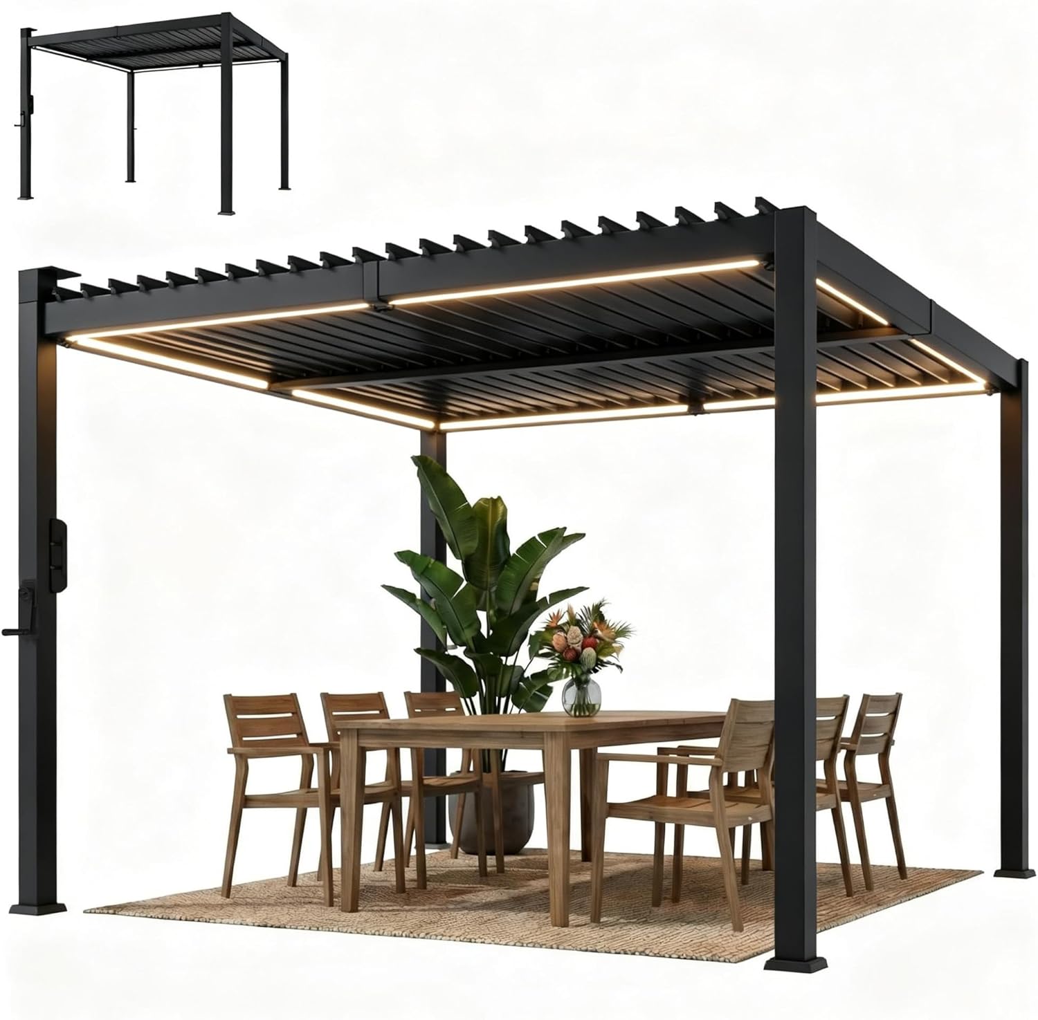 Outsunny - Pergola bioclimatique 3x3m - LED solaires, lames orientables, toit métal, gouttières