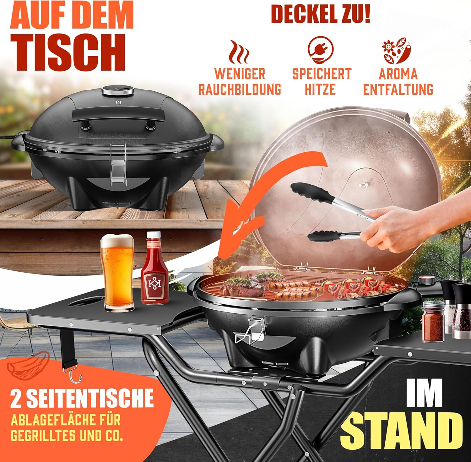 KESSER - Gril électrique pliable, 2400W, couvercle, thermomètre, table
