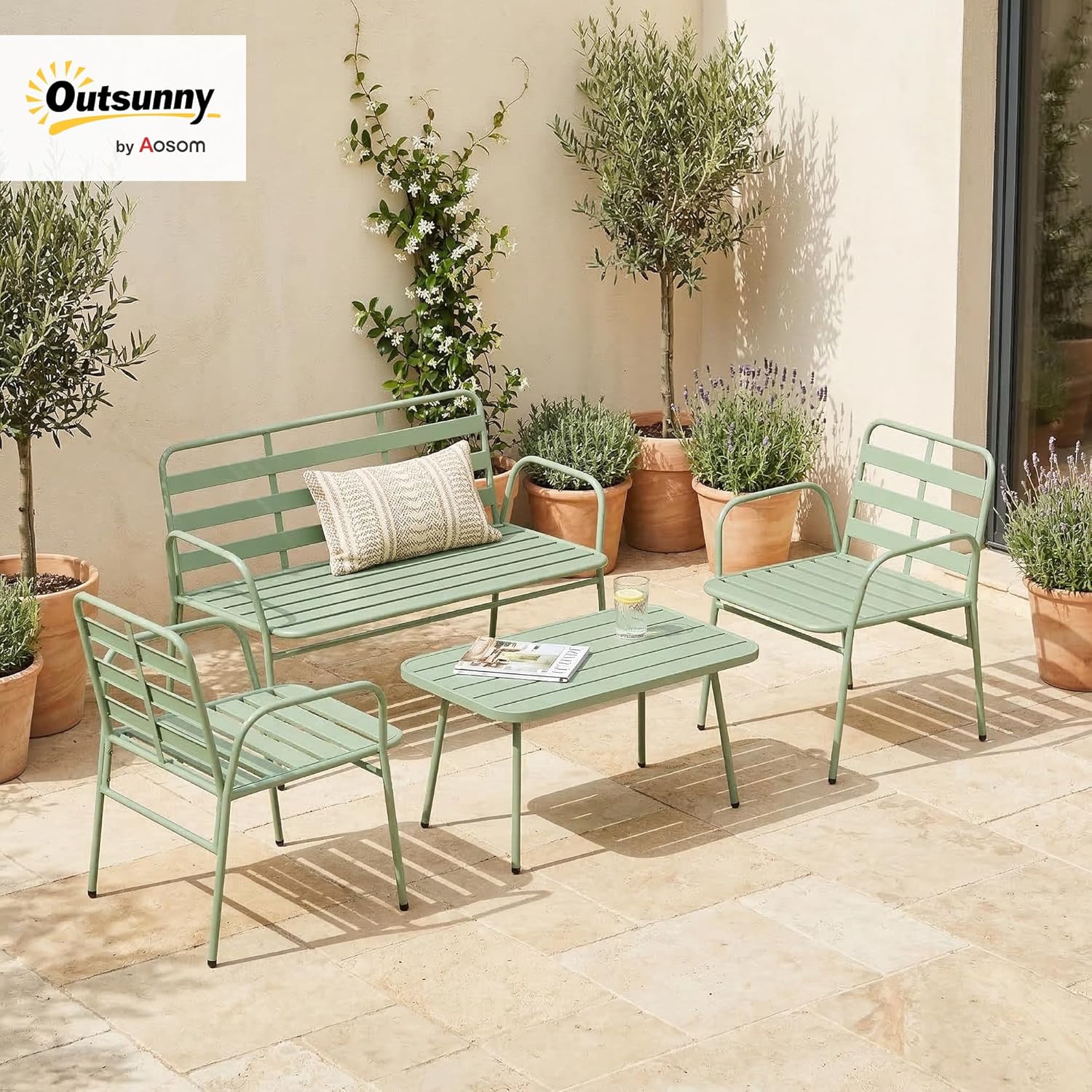 Outsunny - Salon de jardin 4 pièces - acier vert - canapé et fauteuils