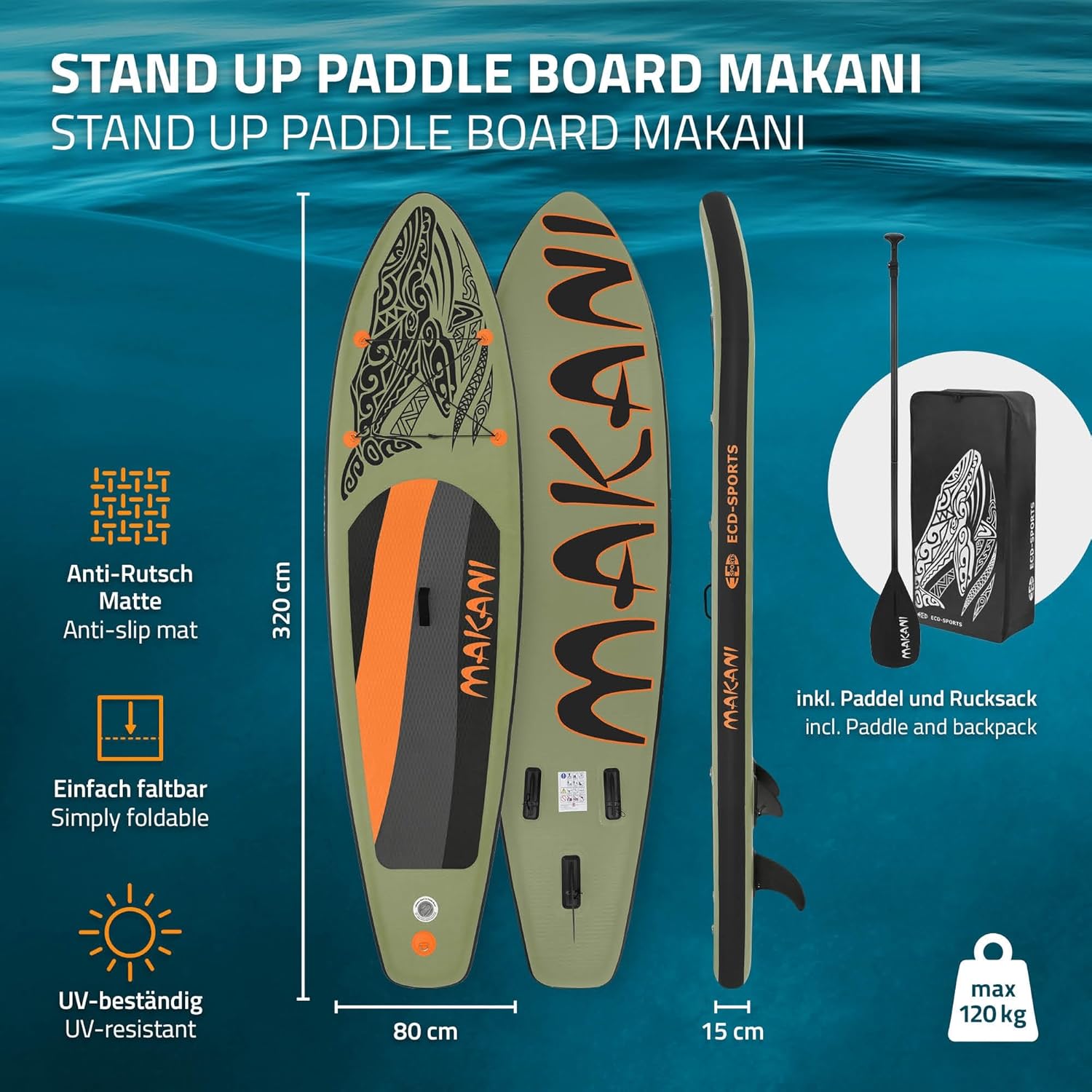 ECD Germany - Stand Up Paddle Série - 305/308/320/380 cm - PVC, 120/150 kg, épaisseur 10/15 cm, sac, pompe