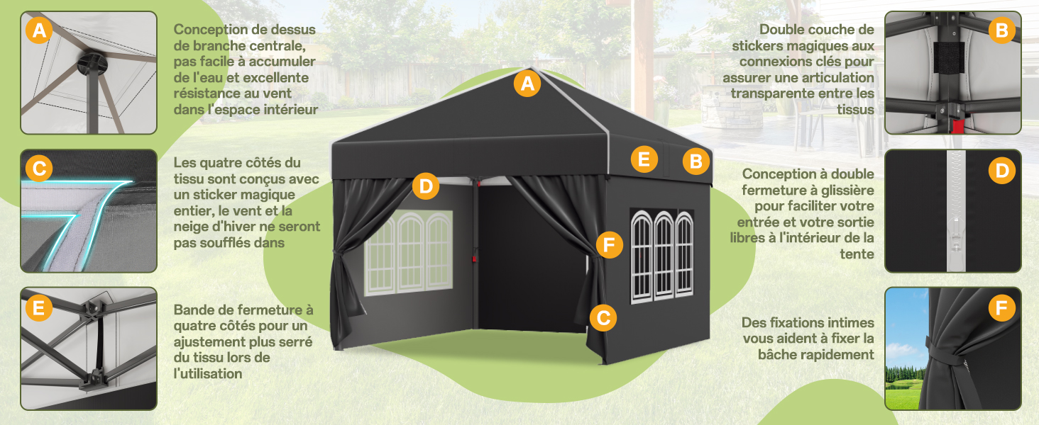 Séquence infographique montrant les étapes d'installation de ce qui semble être un garage ou une structure de stockage, avec des bulles de texte vertes fournissant des instructions et des illustrations noires illustrant le processus.