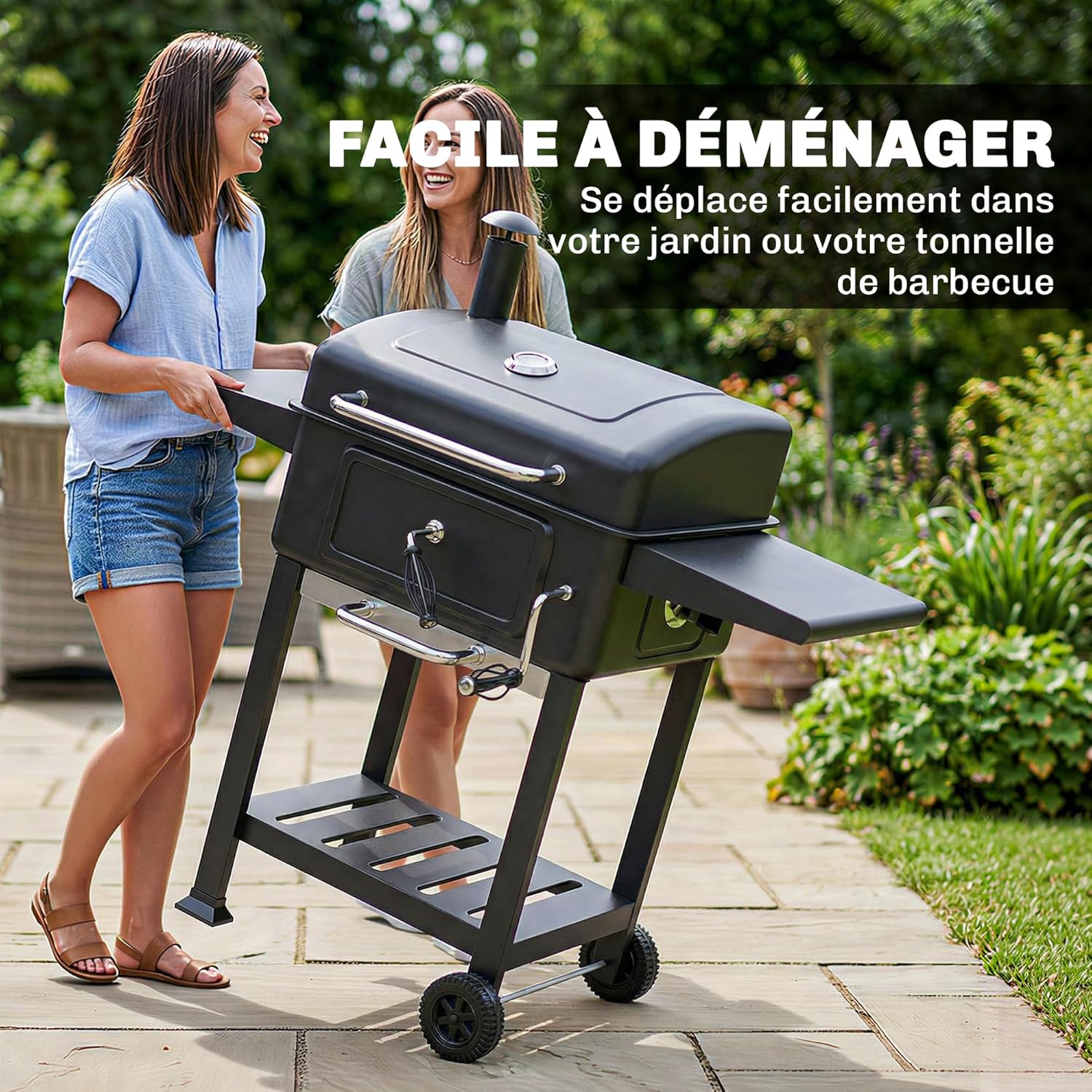 Outsunny - barbecue charbon réglable - grand format - chariot, tablettes, cheminée, roues, thermomètre