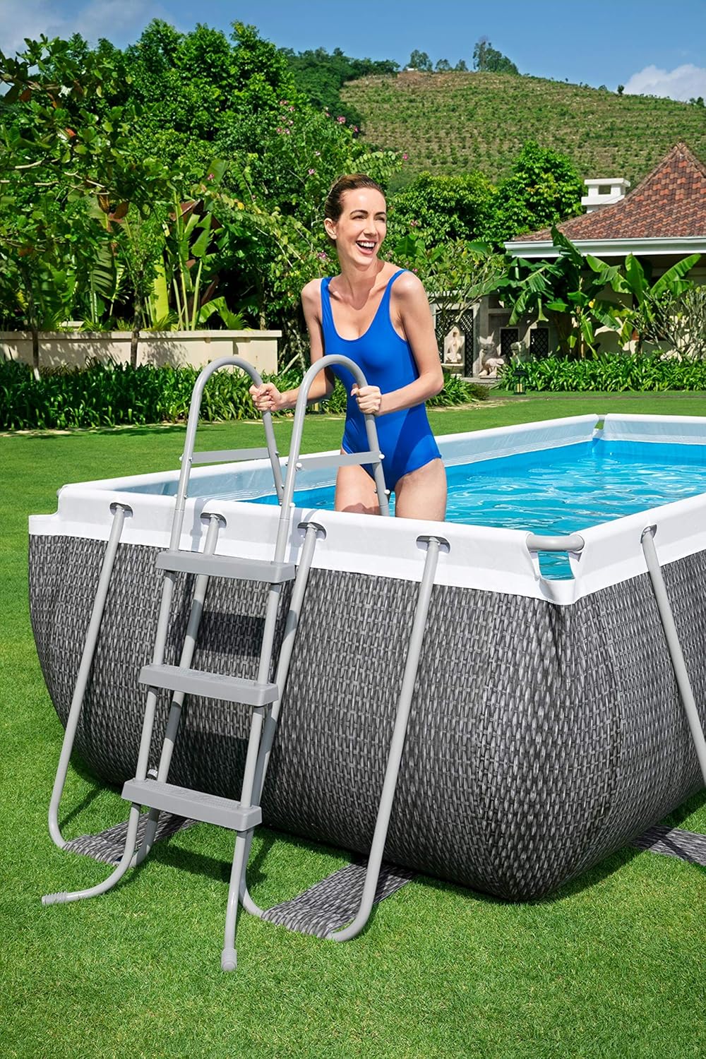 Bestway 56721 Power Steel - Piscine hors sol rectangulaire, 404 x 201 x 100 cm, pompe de filtration et distributeur ChemConnect inclus, effet rotin gris