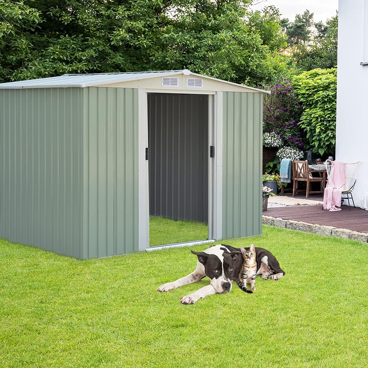 GOPLUS 4,75㎡ Abri de Jardin Métal Galvanisé, Cabine de Jardin Extérieur Portes Coulissantes, Résistant aux Intempéries, 8,34m³, Cabane de Rangement à Outils, 205 x 257 x 175 cm, Vert