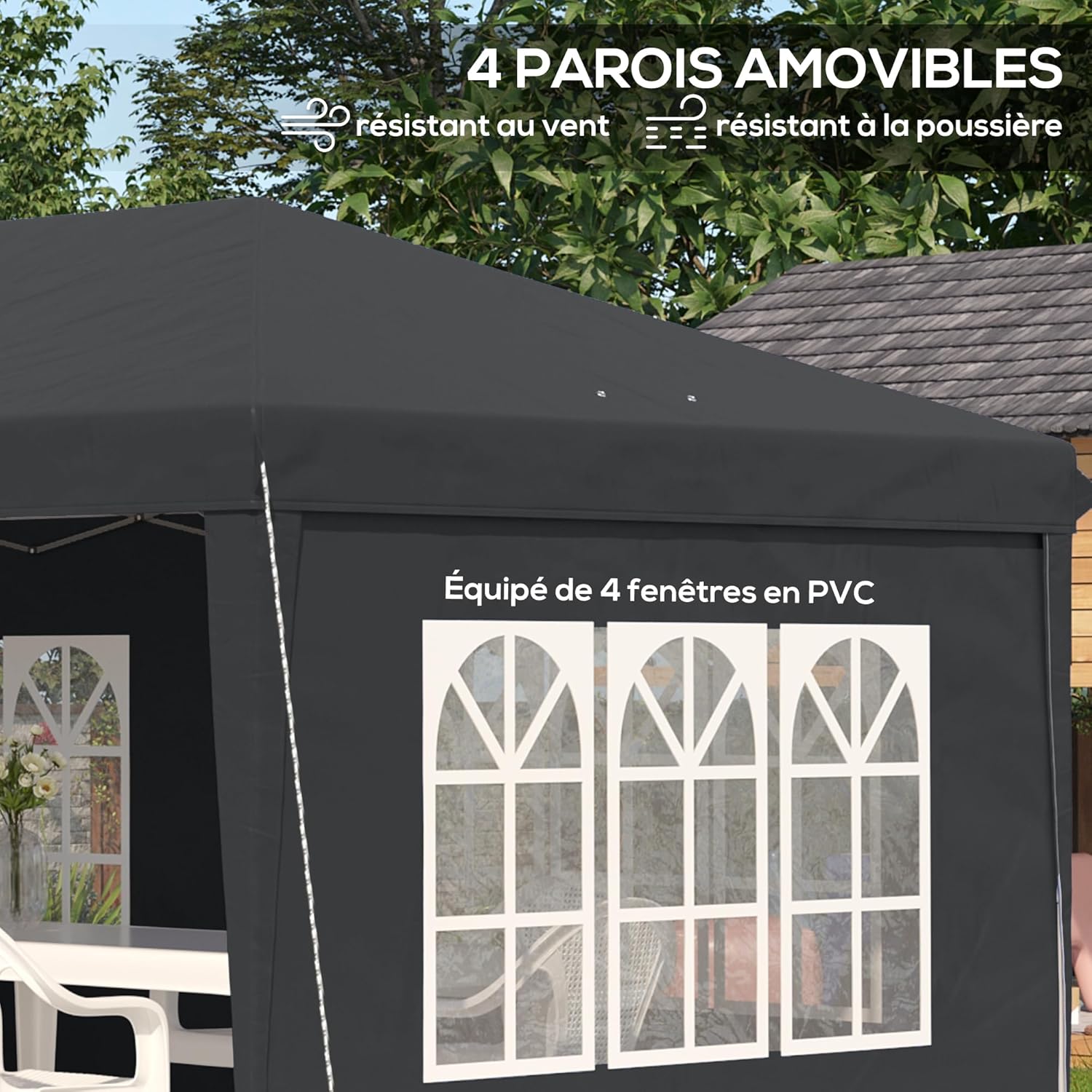 Outsunny - Tonnelle pliante pop-up 3x6m - 3 côtés amovibles, sac de transport, piquets, noir