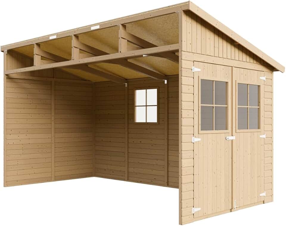 TIMBELA M340 Abri de Jardin en Bois Naturel (sans paroi latérale)- Stockage extérieur avec fenêtres- H243x216x416 cm/8 m2, Hangar en Bois Naturel - Atelier Rangement Outils et vélos The Forest Stewardship Council