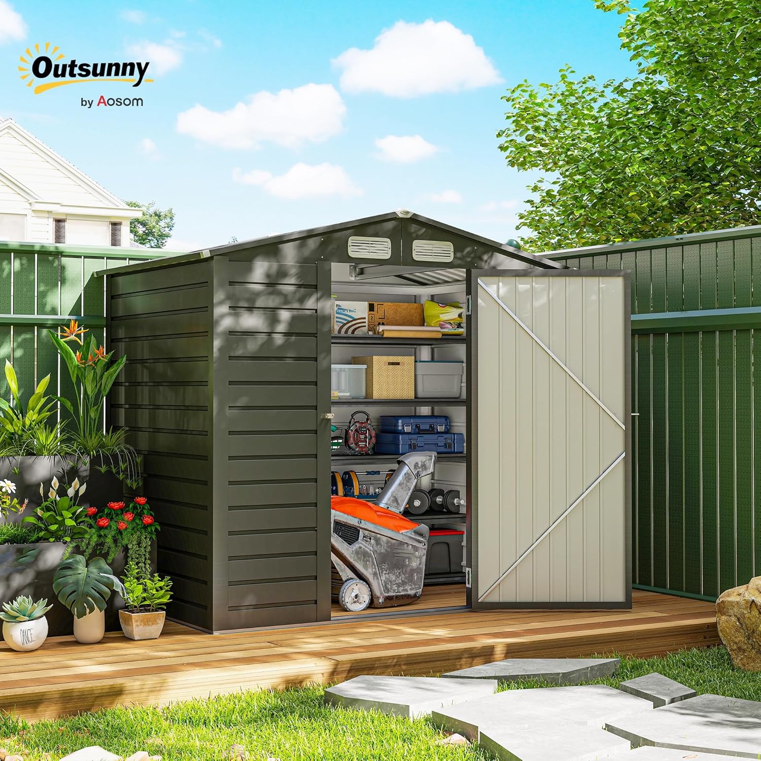 Outsunny Abri de Jardin en métal 2,27 m², Structure en Acier galvanisé améliorée, abri à Outils extérieur, toiture 2 pans avec aérations, Gants et Cadenas Inclus, 190x131x188cm, Gris