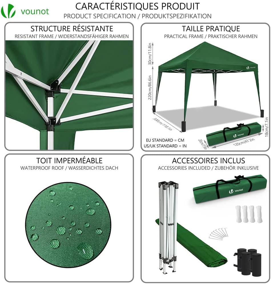 VOUNOT - Tonnelle pliante 3x3m - rapide à monter, sac inclus