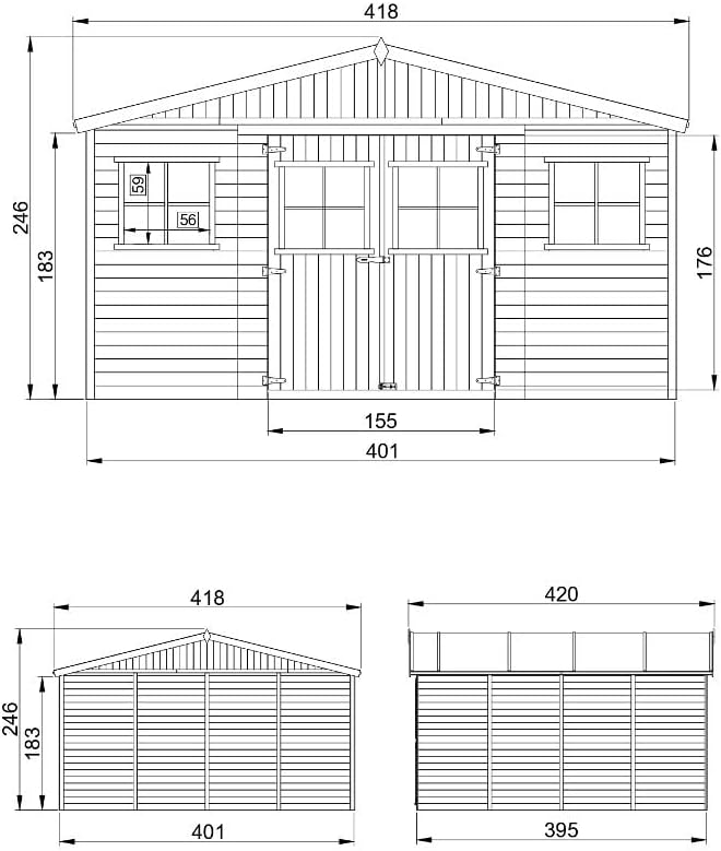Timbela - abri de jardin bois 16m², fenêtres, 418x420x246cm - M330