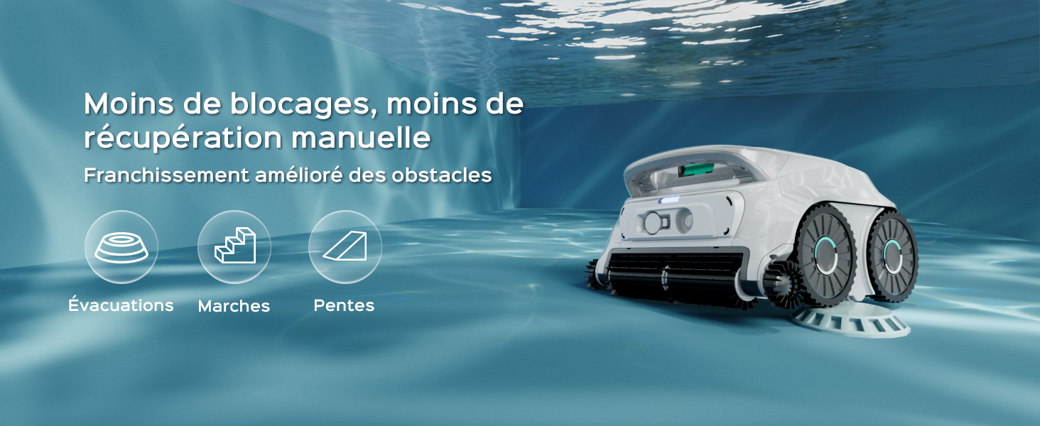 Le texte se lit comme suit : « Moins de blocages, moins de récupération manuelle », sous-titré en français. Nettoyeur de piscine robotique blanc illustré sur fond d'eau bleu avec des icônes de fonction ci-dessous indiquant les capacités de nettoyage automatisées.