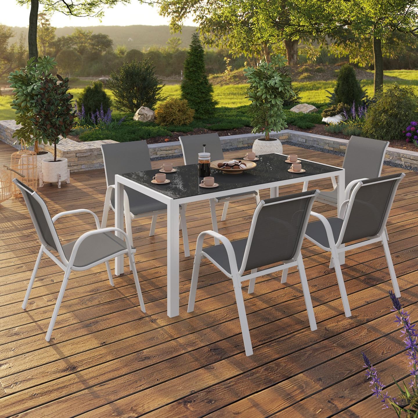 IDMarket - Madrid salon de jardin 150 cm, 6 chaises empilables, blanc/gris