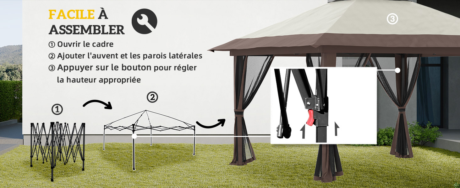 Instructions de montage pour un belvédère ou une structure extérieure, montrant quatre étapes avec des schémas pour la configuration du cadre et l'installation de la verrière.