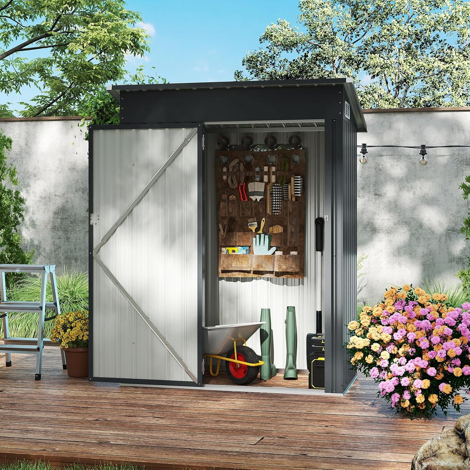 RELAX4LIFE - abri de jardin acier galva 150x88x185cm, toit incliné, porte, gants