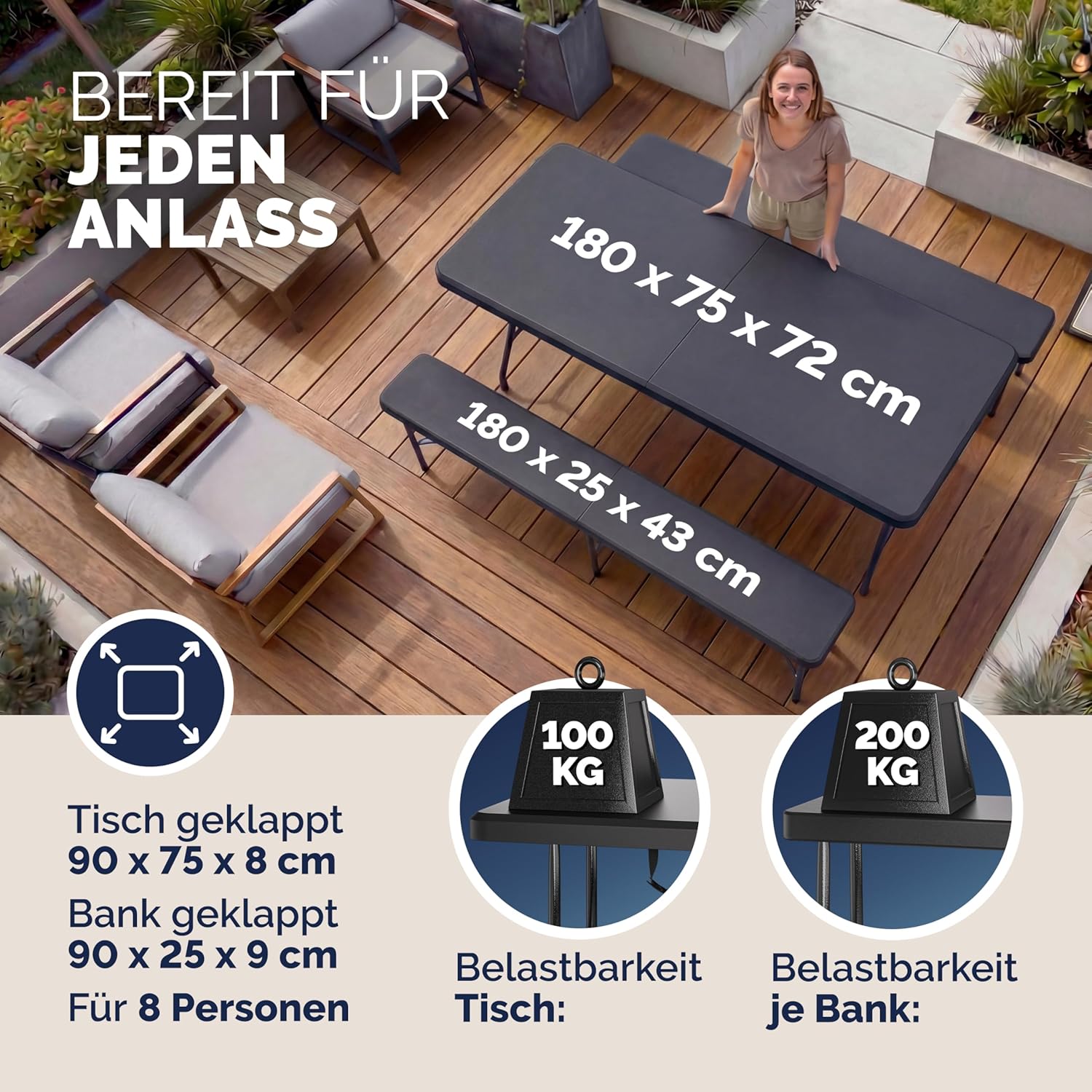 CASARIA - Ensemble table pliante série, 180 cm, 8 personnes terrasse