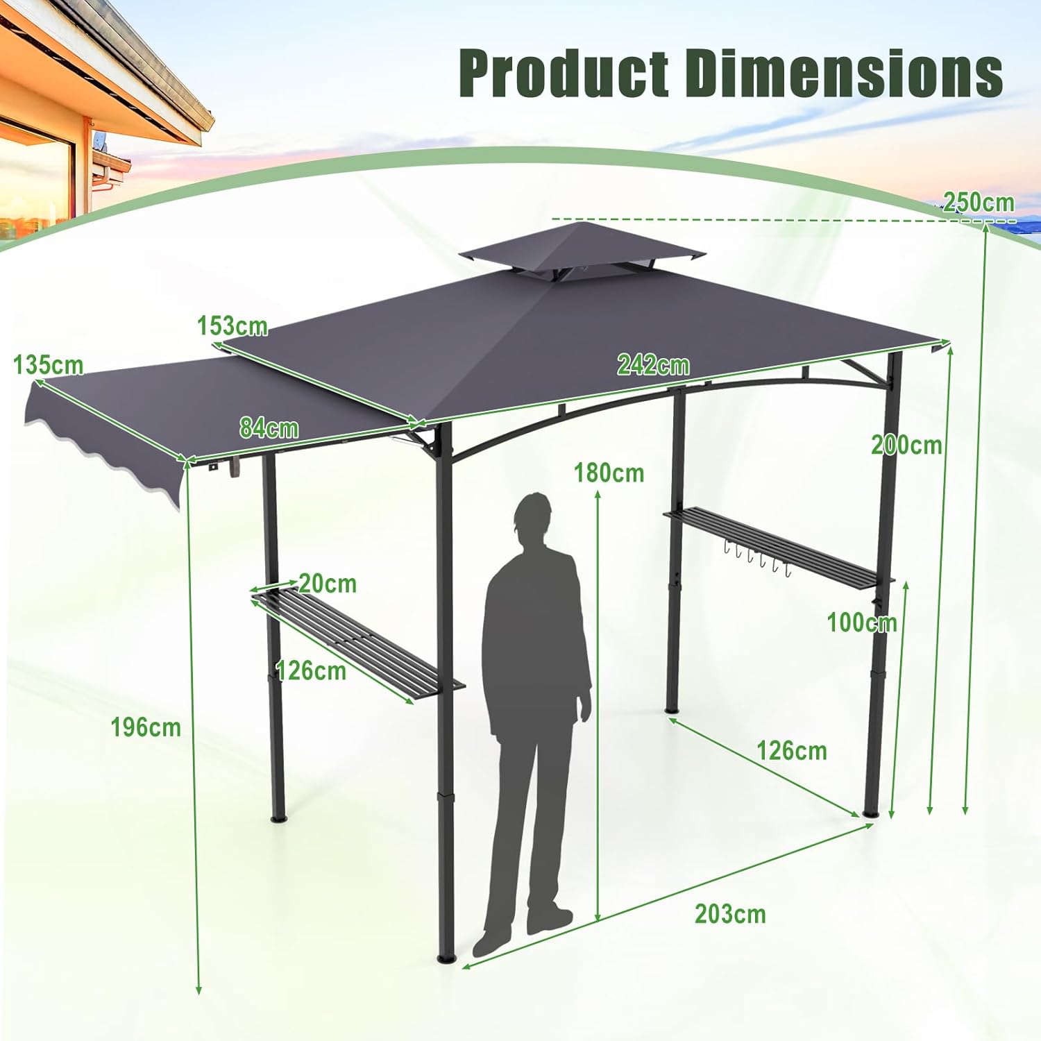 GOPLUS Tonnelle pour Barbecue avec Auvent Latéral, Abri Barbecue Extérieur avec Dessus à 2 Niveaux, Crochets, Décapsuleur, Dessus Souple, pour Jardin, Cour (242+84x126x250CM|Gris Foncé)