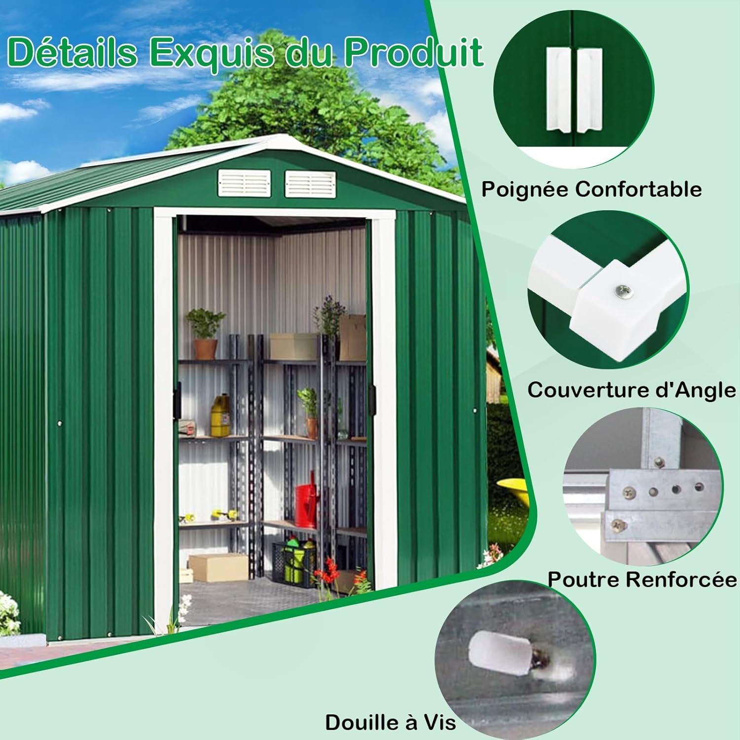 GOPLUS 2,37㎡ Abri de Jardin en Métal Galvanisé avec Base, Cabine de Jardin Extérieur Portes Coulissantes, 4,39m³, Résistant aux Intempéries, Cabane de Rangement à Outils, 213 x 127 x 185 cm, Vert