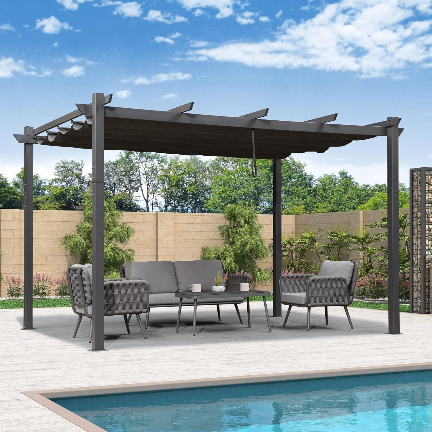 PURPLE LEAF - pergola aluminium - 4 x 3,2 m - toit coulissant, tissu teint, gris