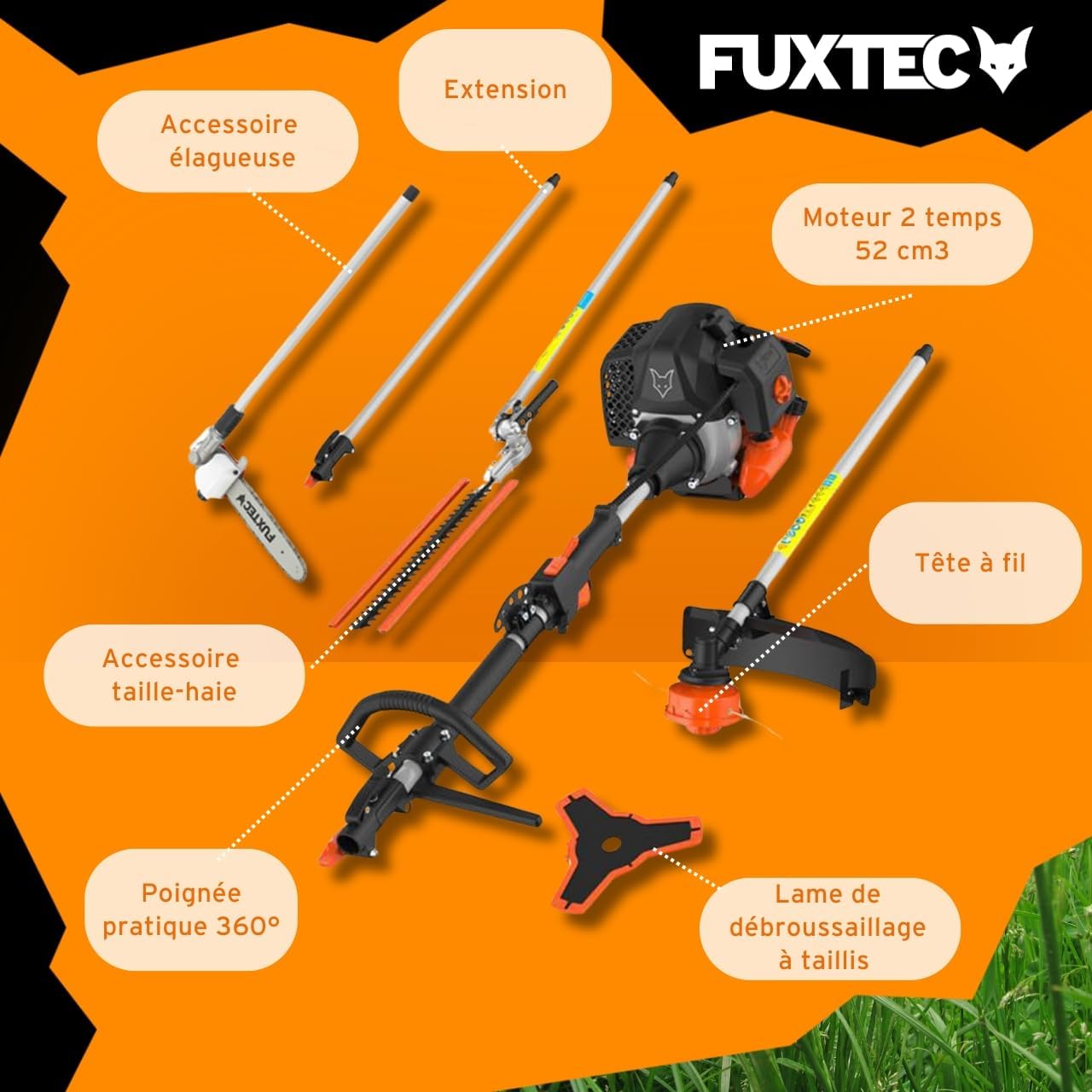 Fuxtec Débroussailleuse Thermique Multifonction 5en1 Multitool FX-MT252ER Easy Starter 3CV 52 cm³, Moteur 2 Temps, Élagueuse Inclinable Taille Haie Coupe Bordure avec Fil ou Lame 1 Mètre Rallonge