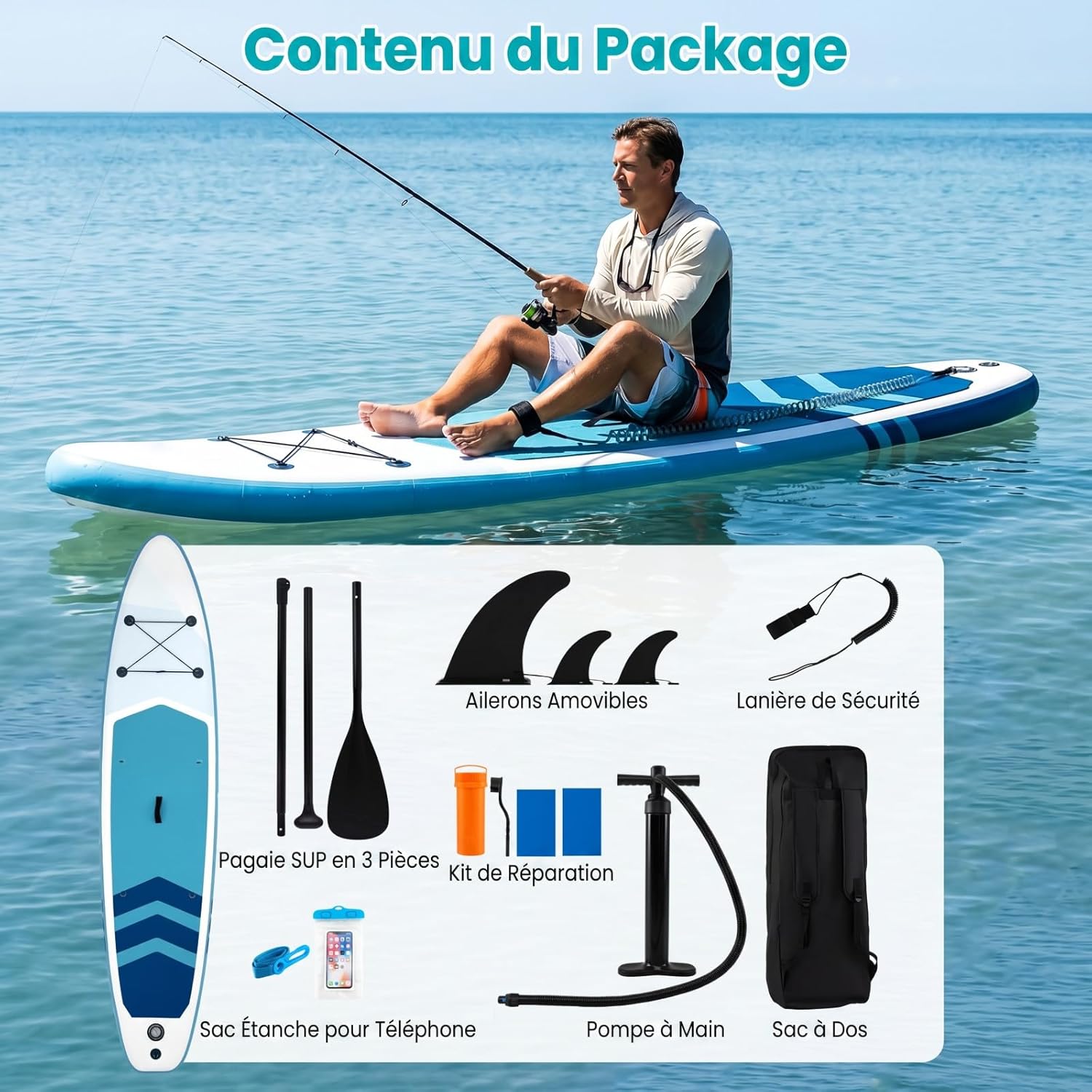 HOMASIS 336 x 77 x 16 cm Planche à Pagaie Gonflable, Planche de Surf avec Pagaie Réglable, Pompe à Main, 3 Ailerons, Anneaux en D & Laisse, Paddle Stand Up Léger pour Surf, Lacs, Mers