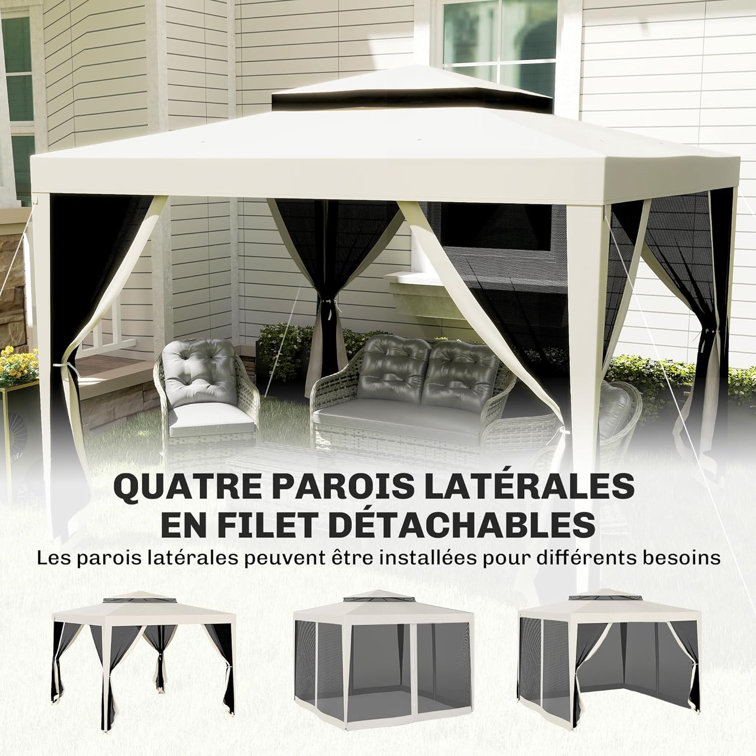 Outsunny - Tonnelle série Barnum - 3x3 m - moustiquaires, double toit, crème